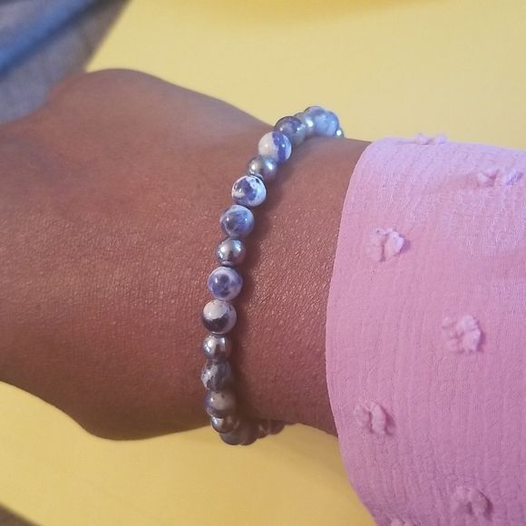 Mens 6mm Beaded Sodalite 8" Expansion bracelet With Silvertone Beads New Custom - Picture 6 of 7